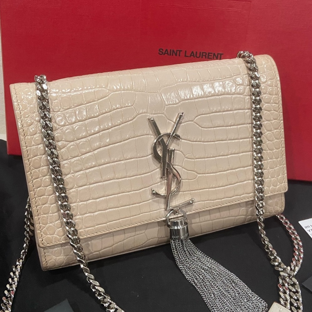 Saint Laurent Cream Croc-Embossed Chain Bag - Picture 1 of 14